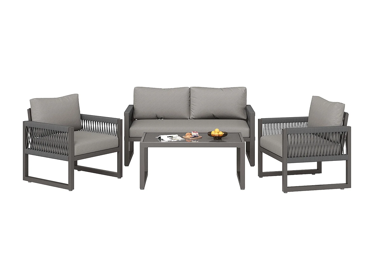 Conjunto de sofás de jardim cinzento com 1 sofá, 2 poltronas e 1 mesa com pernas ajustáveis