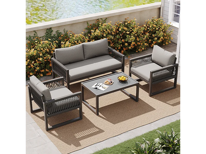 Ensemble de canapé de jardin gris avec 1 canapé, 2 fauteuils et 1 table avec pieds réglables