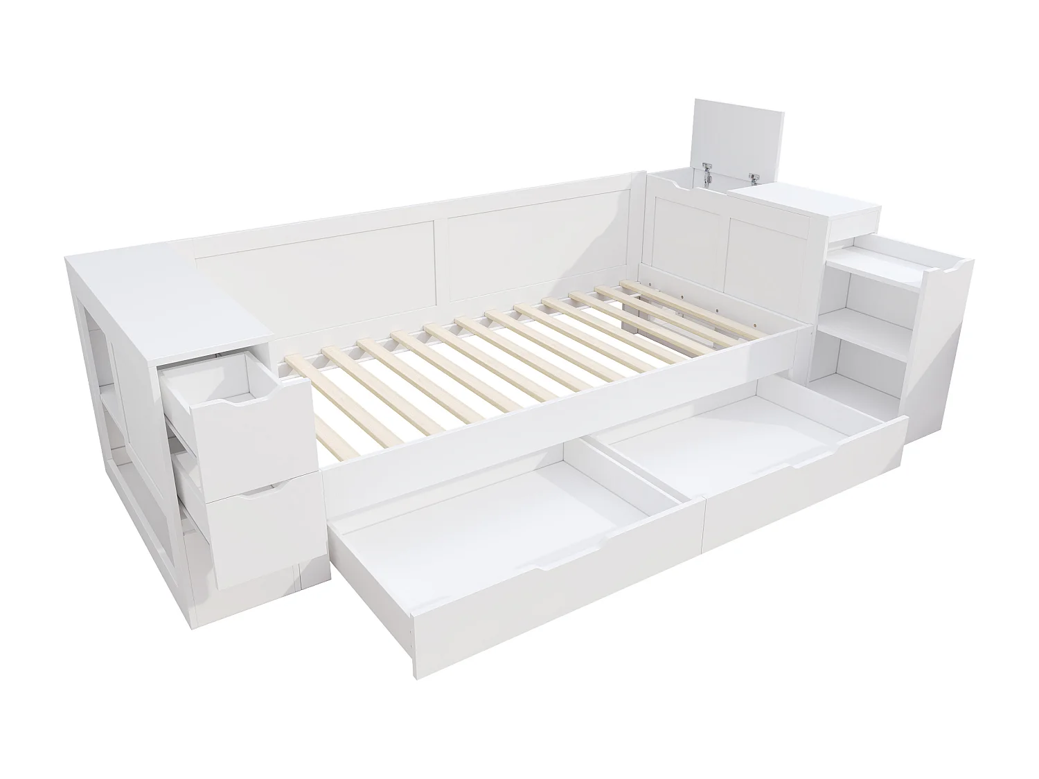 Cama de criança branca 90x200 cm com 4 gavetas, mesa de cabeceira e compartimento de arrumação, sem colchão