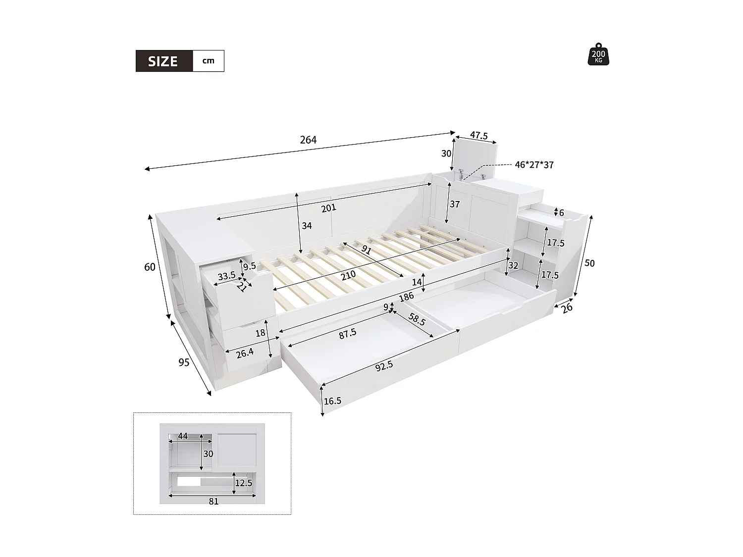 Cama de criança branca 90x200 cm com 4 gavetas, mesa de cabeceira e compartimento de arrumação, sem colchão
