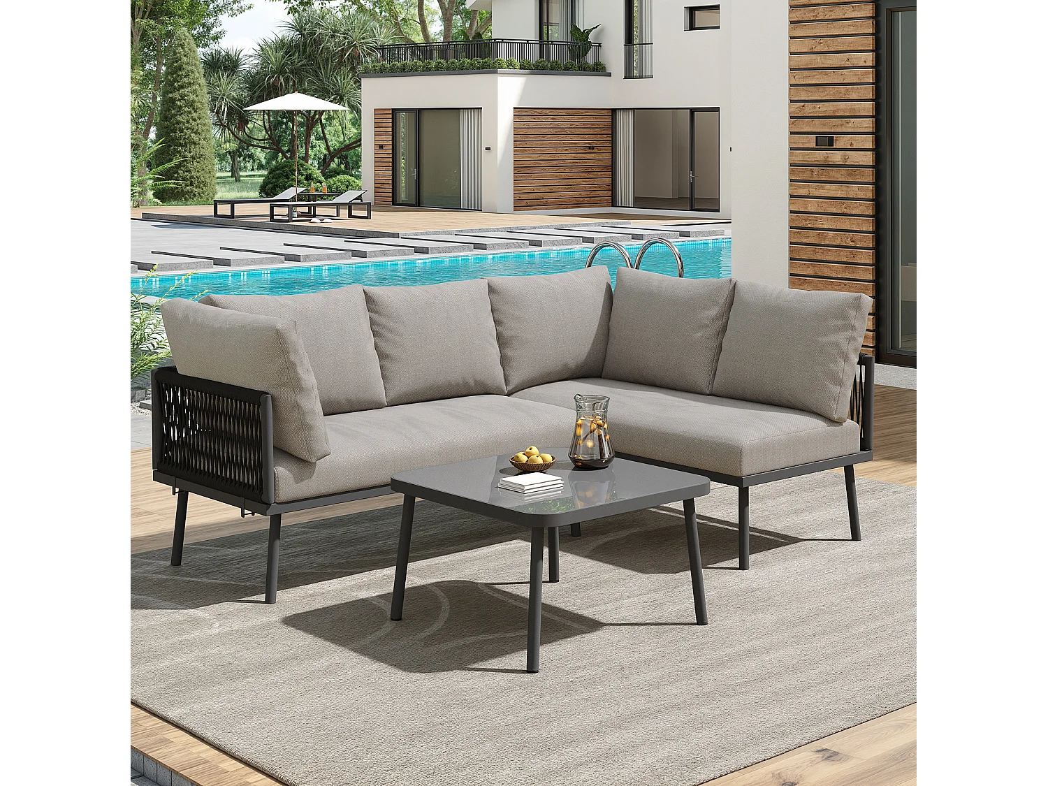 Ensemble de jardin gris comprend 2 canapés, une table, 2 coussins d'assise et 6 coussins