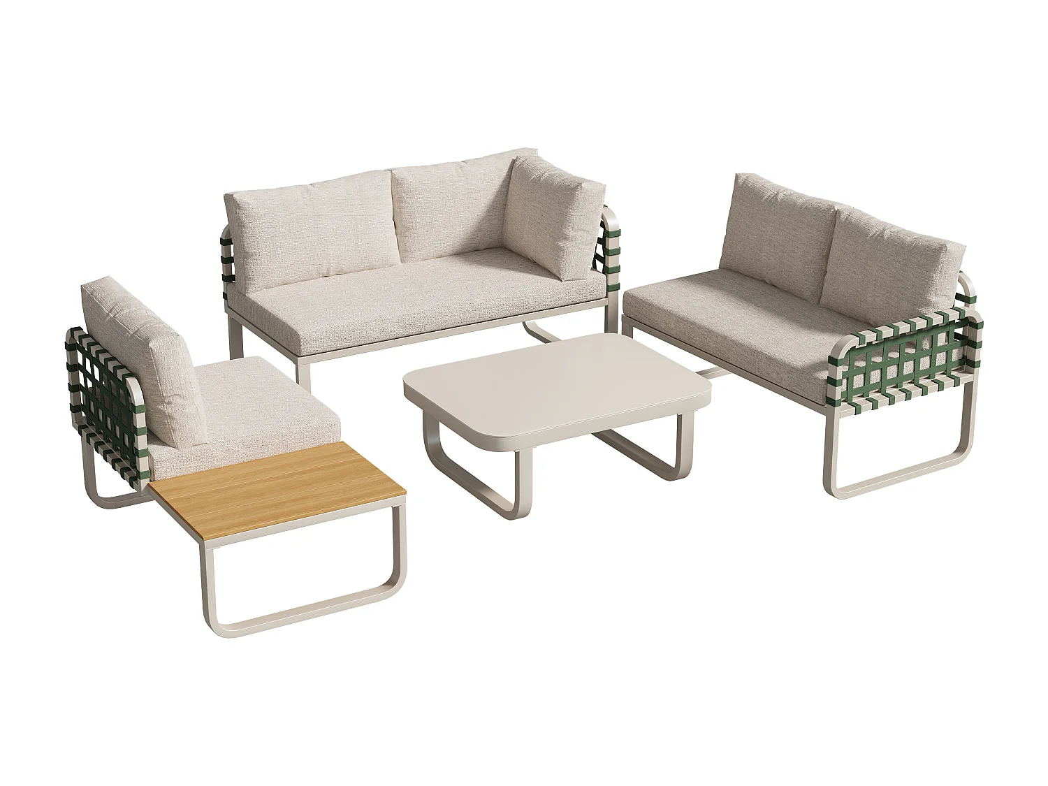 Beige tuinbankset met 2 tweepersoonsbanken, 1 eenpersoonsbank met kleine tafel en 1 tafel