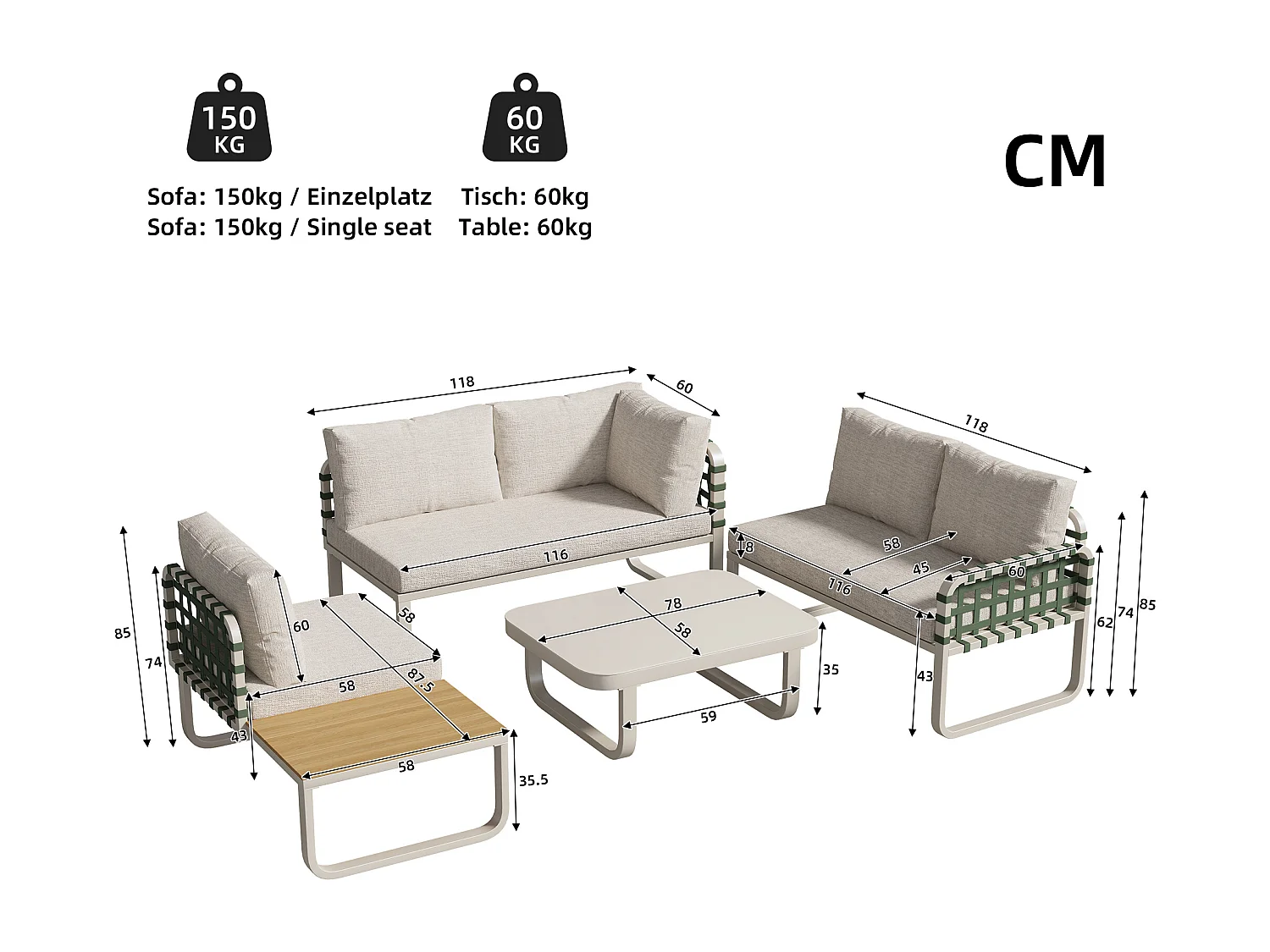 Beige tuinbankset met 2 tweepersoonsbanken, 1 eenpersoonsbank met kleine tafel en 1 tafel