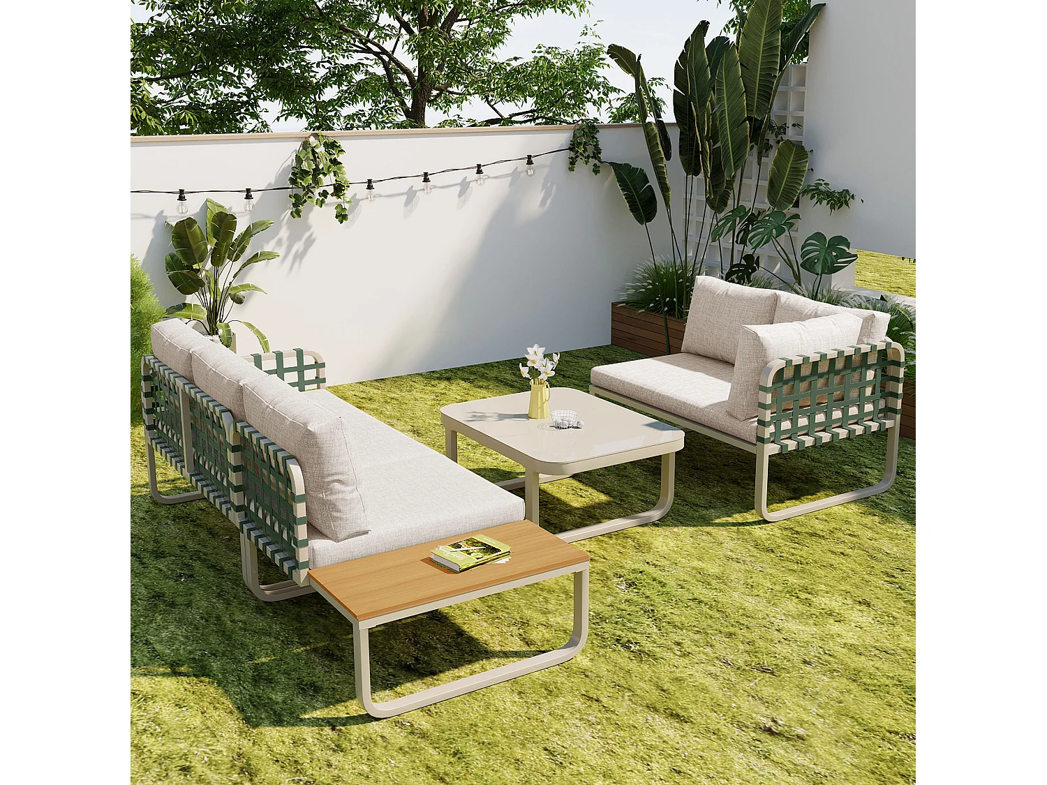 Beige tuinbankset met 2 tweepersoonsbanken, 1 eenpersoonsbank met kleine tafel en 1 tafel