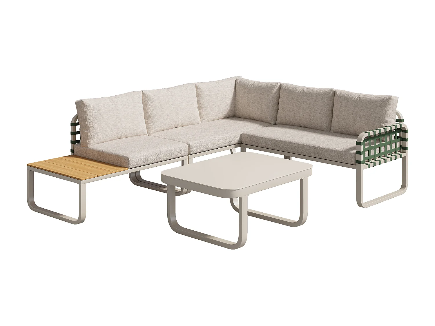 Beige tuinbankset met 2 tweepersoonsbanken, 1 eenpersoonsbank met kleine tafel en 1 tafel