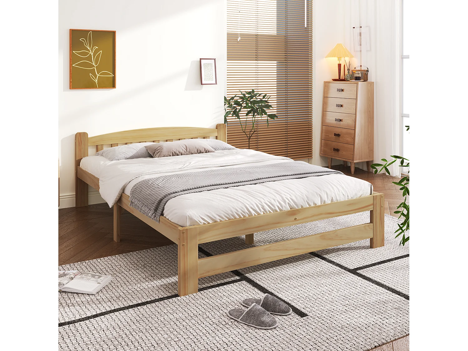 Cadre de lit double naturel clair 140x200cm avec tête de lit et sommier à lattes, sans matelas