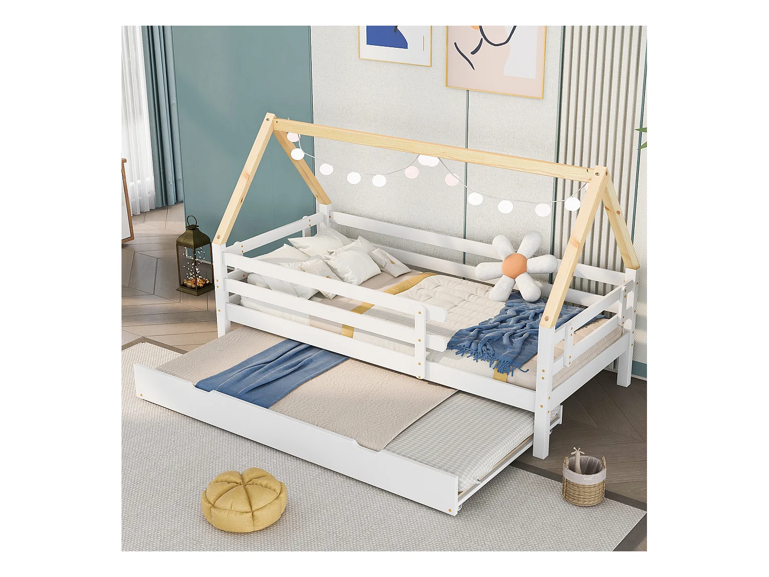 Lit cabane enfant 90x200 cm avec lit gigogne 90x190 cm en bois blanc