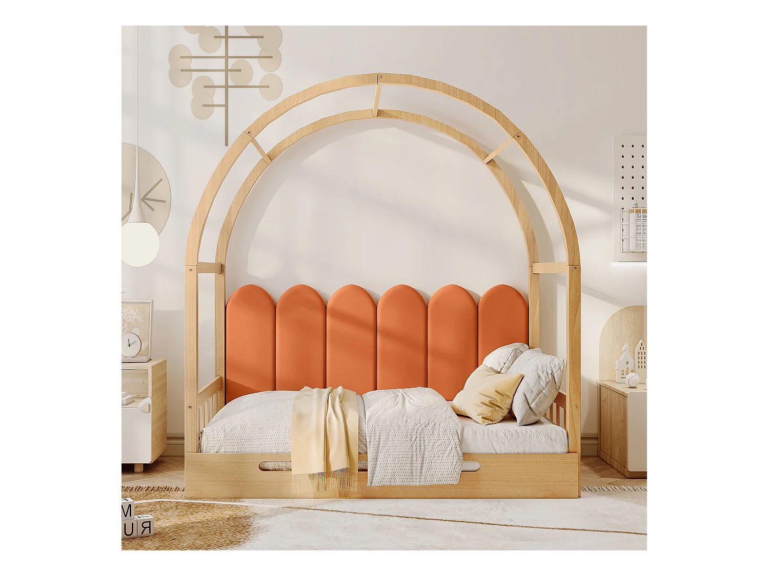 Lit enfant 140x100cm, extensible 140x200cm, couleur orange + naturel, sans matelas