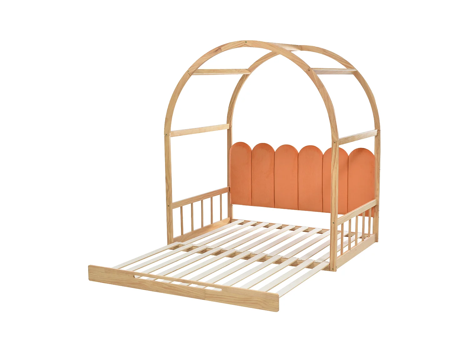 Lit enfant 140x100cm, extensible 140x200cm, couleur orange + naturel, sans matelas