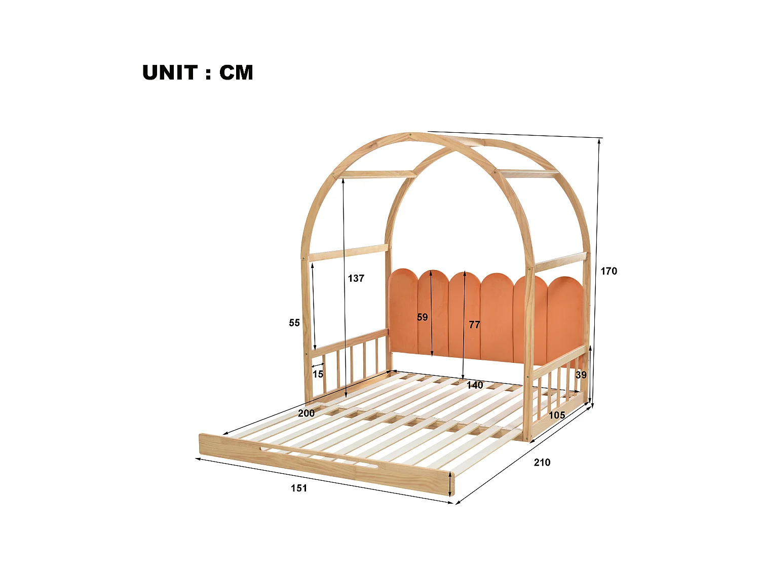 Lit enfant 140x100cm, extensible 140x200cm, couleur orange + naturel, sans matelas
