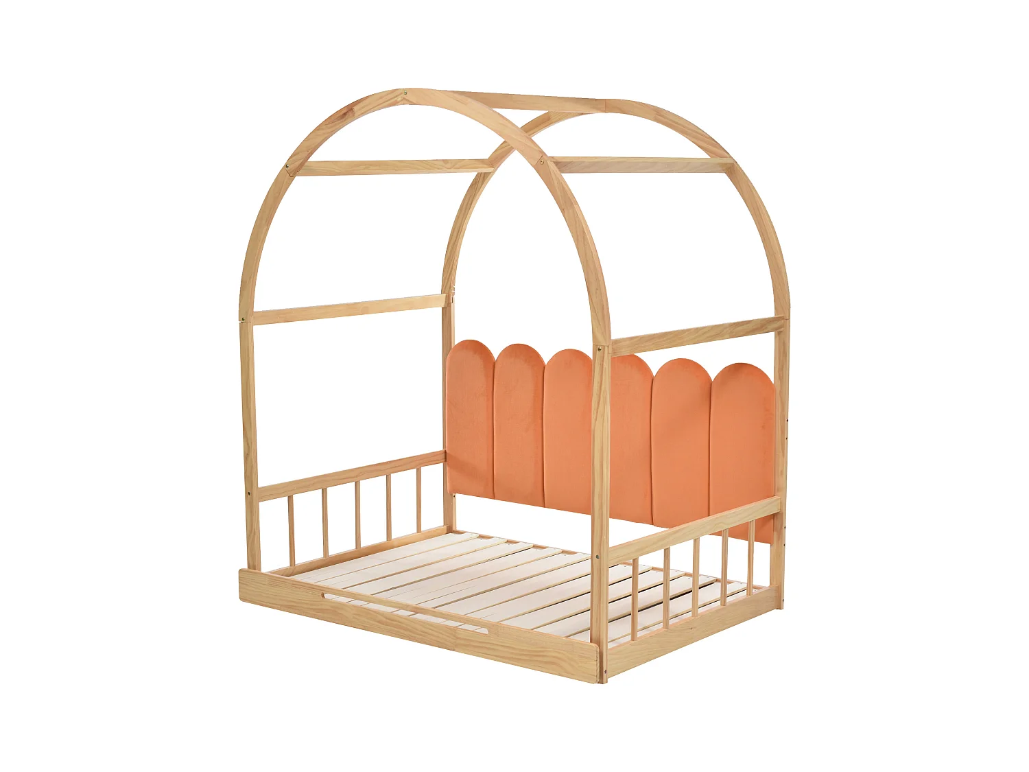 Lit enfant 140x100cm, extensible 140x200cm, couleur orange + naturel, sans matelas