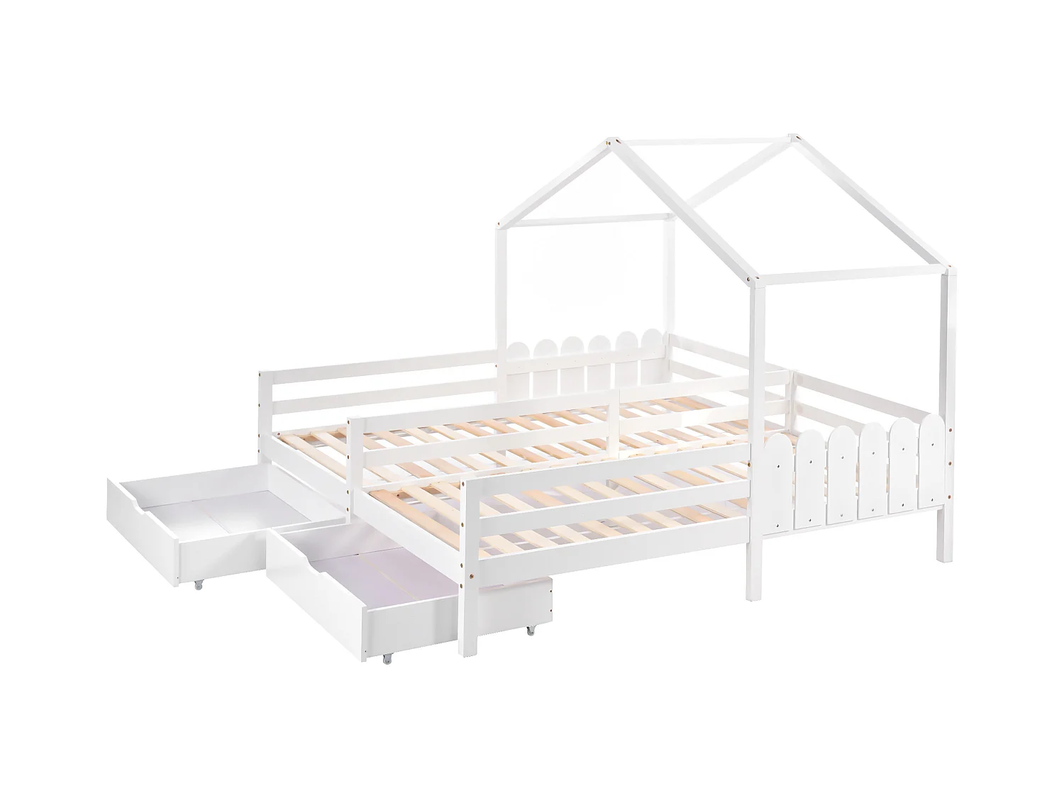 Lit cabane double enfant  blanc 90x200cm avec 2 tiroirs, pin + MDF, sans matelas
