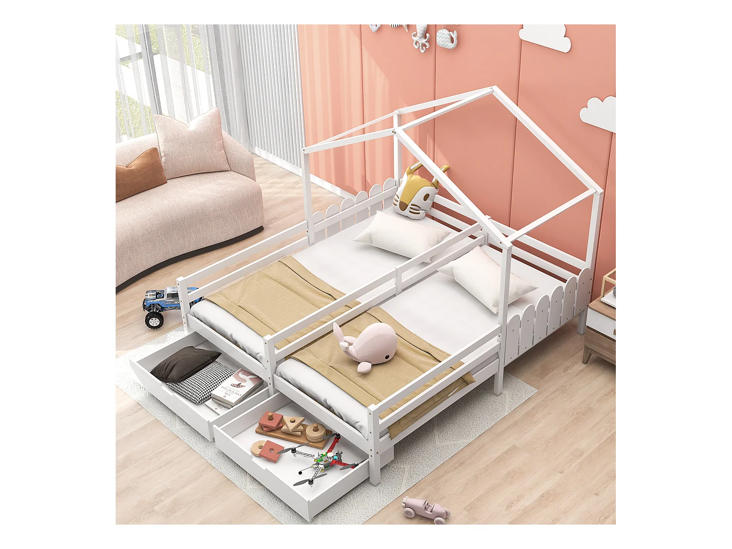 Cama de casal infantil branca 90x200cm com 2 gavetas, pinho + MDF, sem colchão