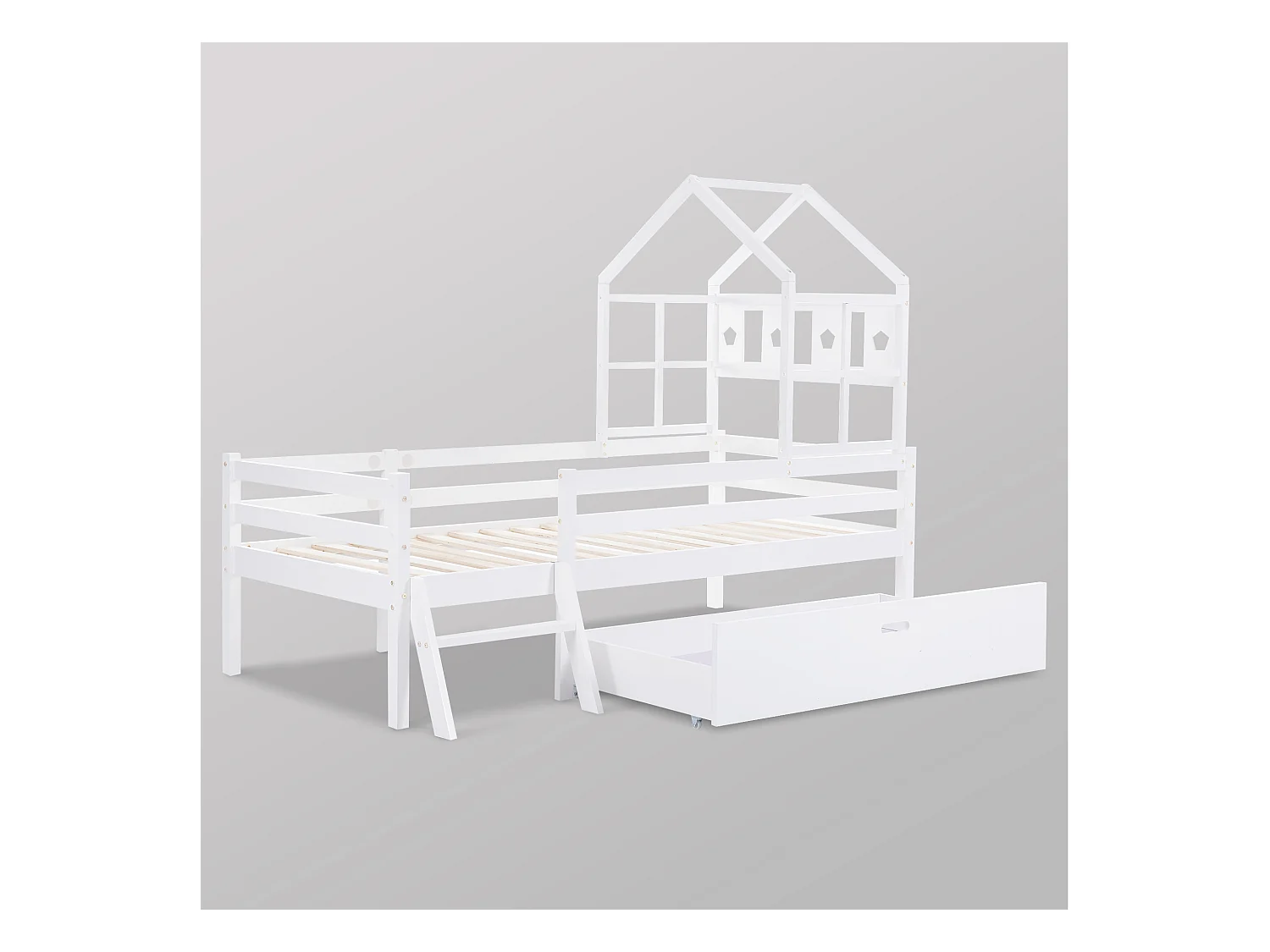 Wit kinderbed 90x200cm met lade, ladder en spijlenhekje, zonder matras