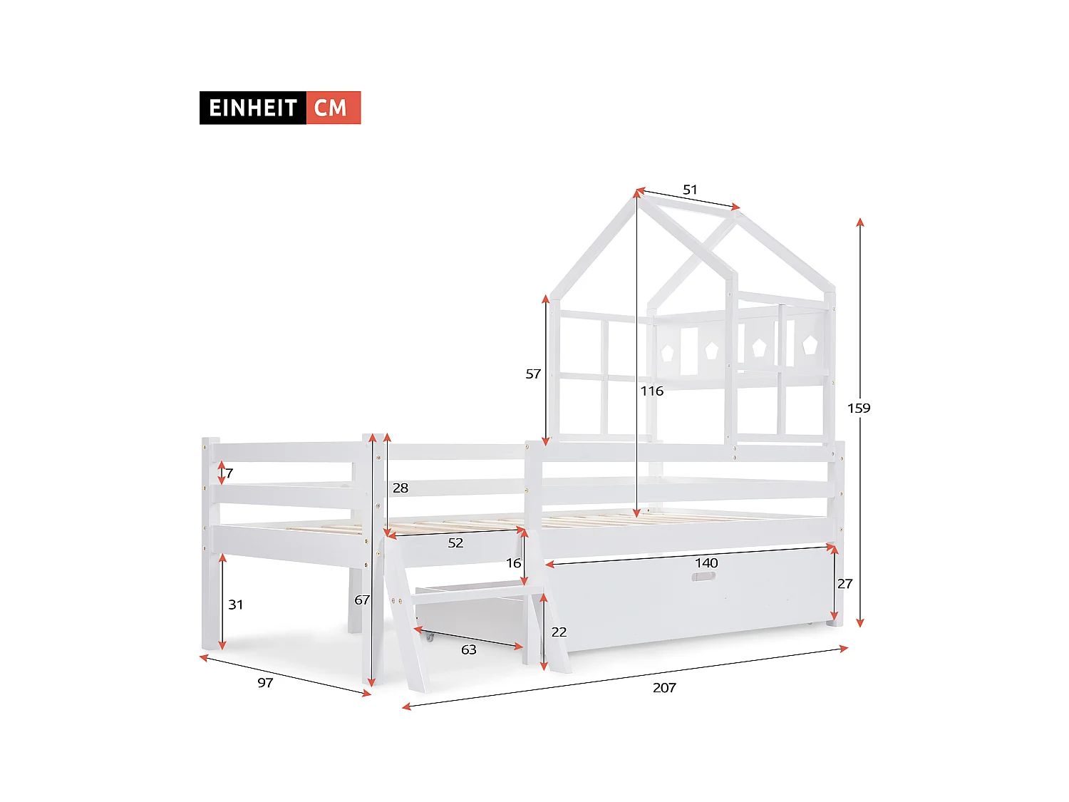 Wit kinderbed 90x200cm met lade, ladder en spijlenhekje, zonder matras
