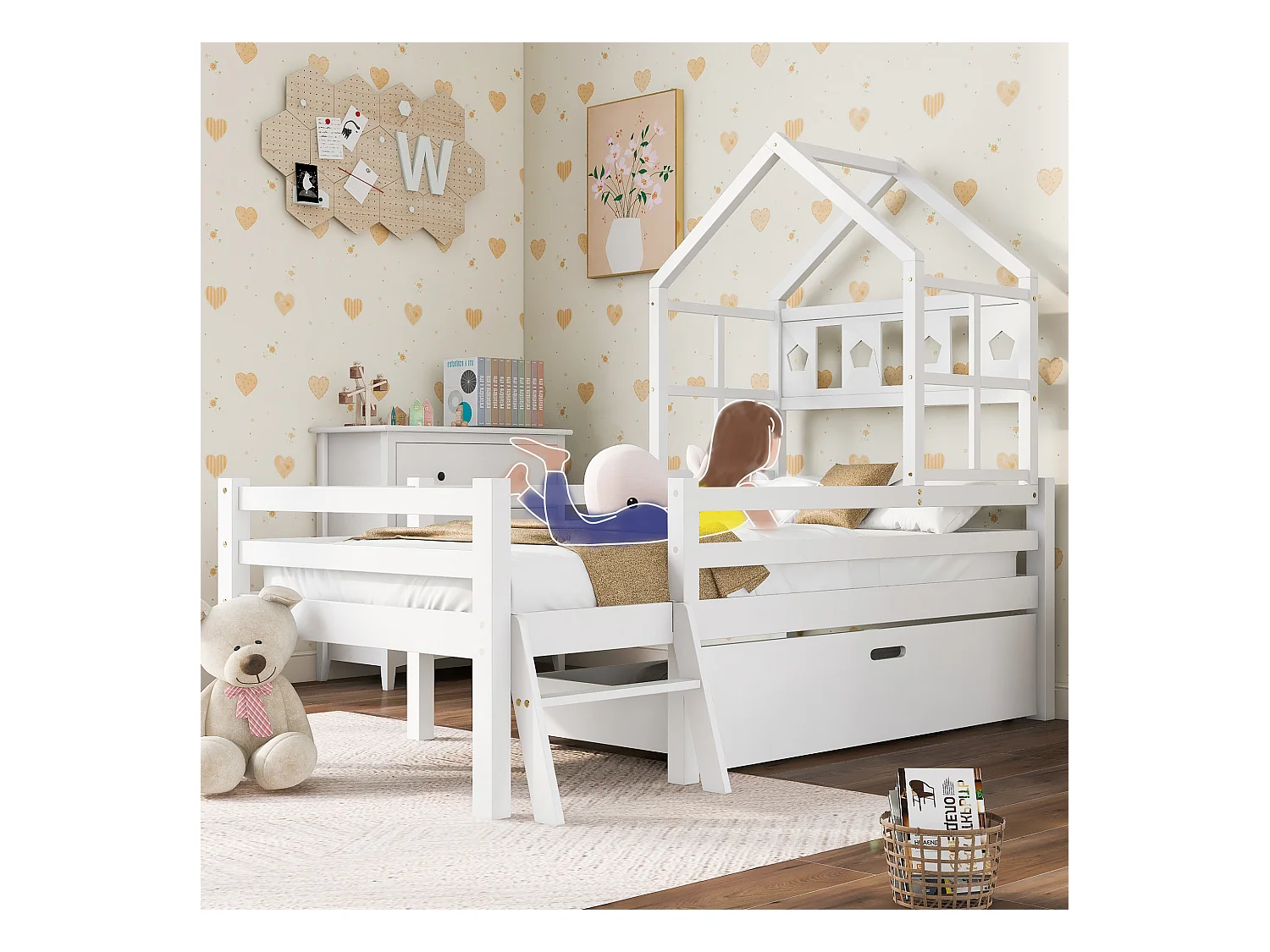 Wit kinderbed 90x200cm met lade, ladder en spijlenhekje, zonder matras