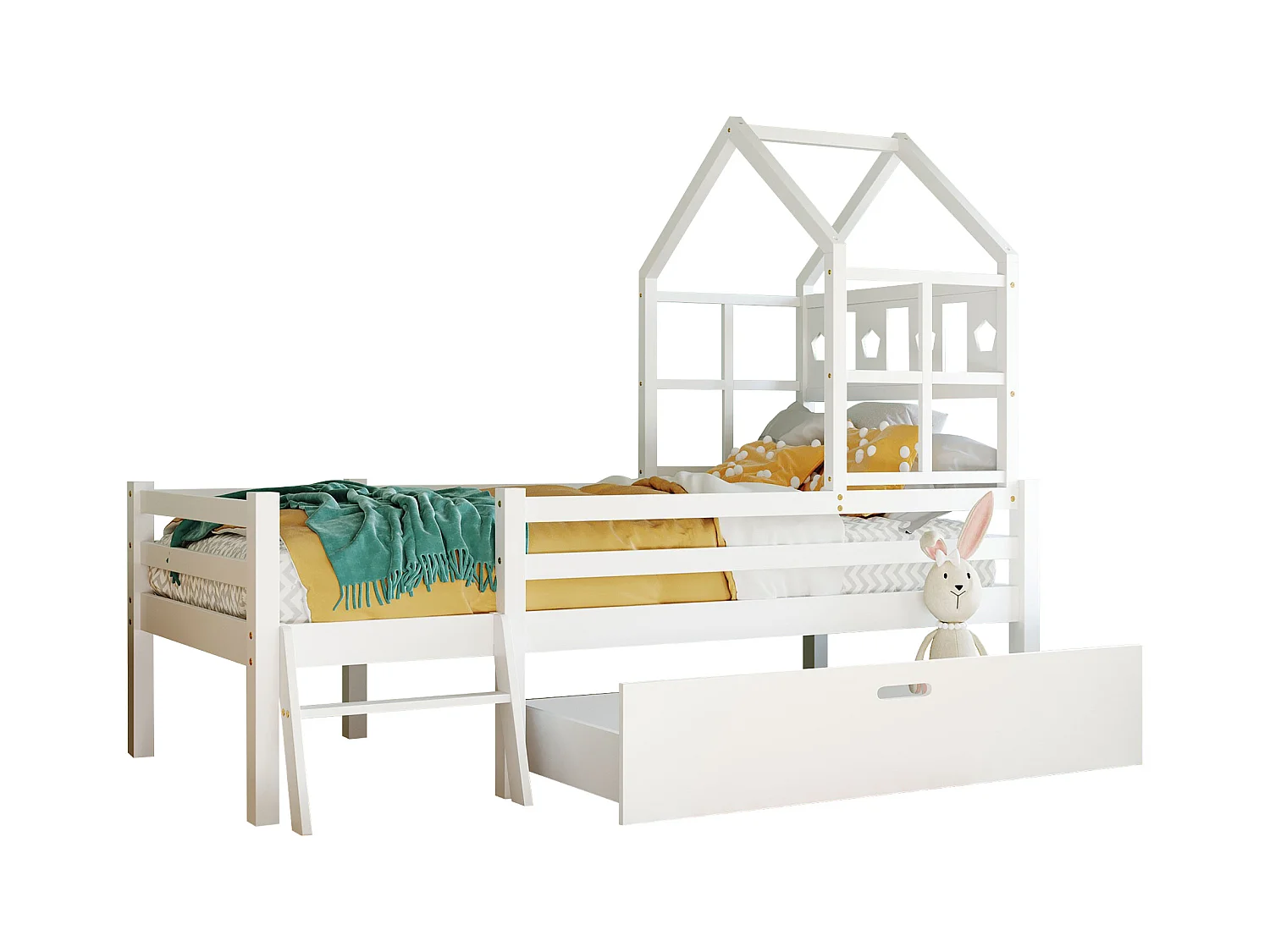 Cama infantil cabina blanca 90x200cm con cajón, escalera y barrera, sin colchón