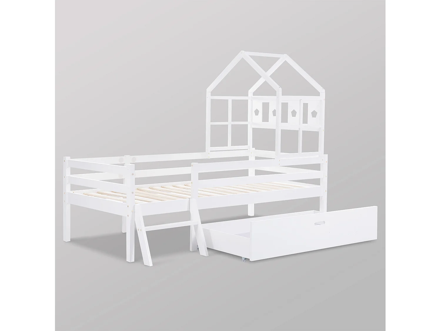 Wit kinderbed 90x200cm met lade, ladder en spijlenhekje, zonder matras