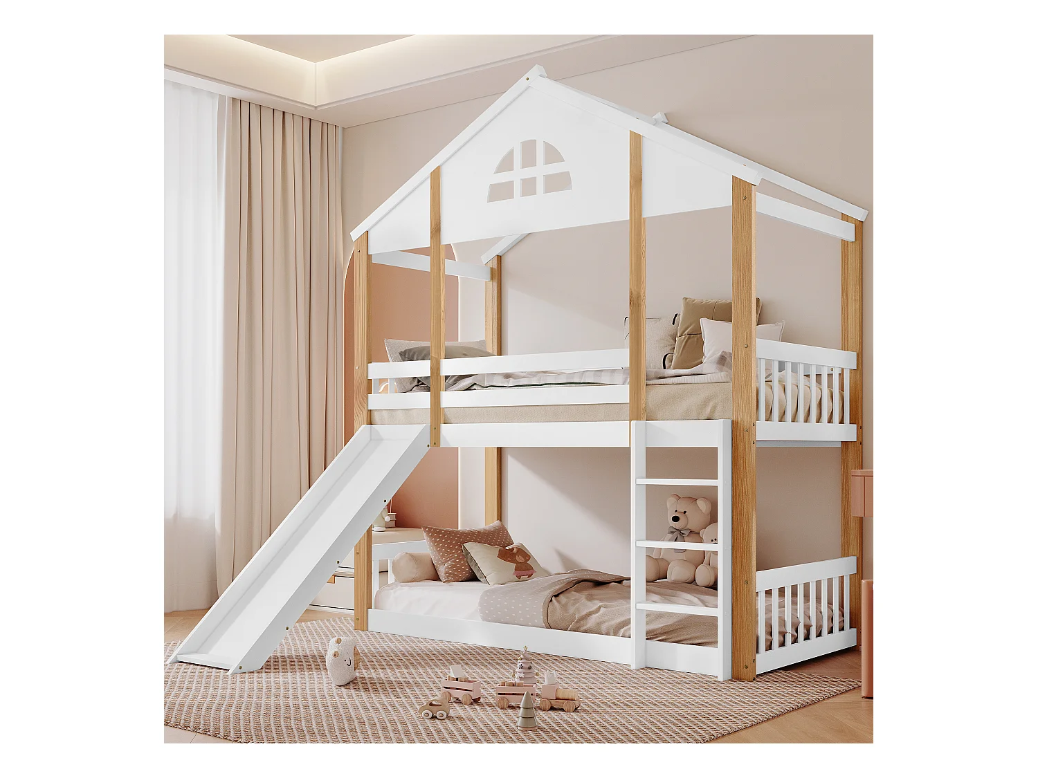 Lit superposé cabane enfant 90x200cm avec toboggan, barrière et escalier, blanc et bois, sans matelas