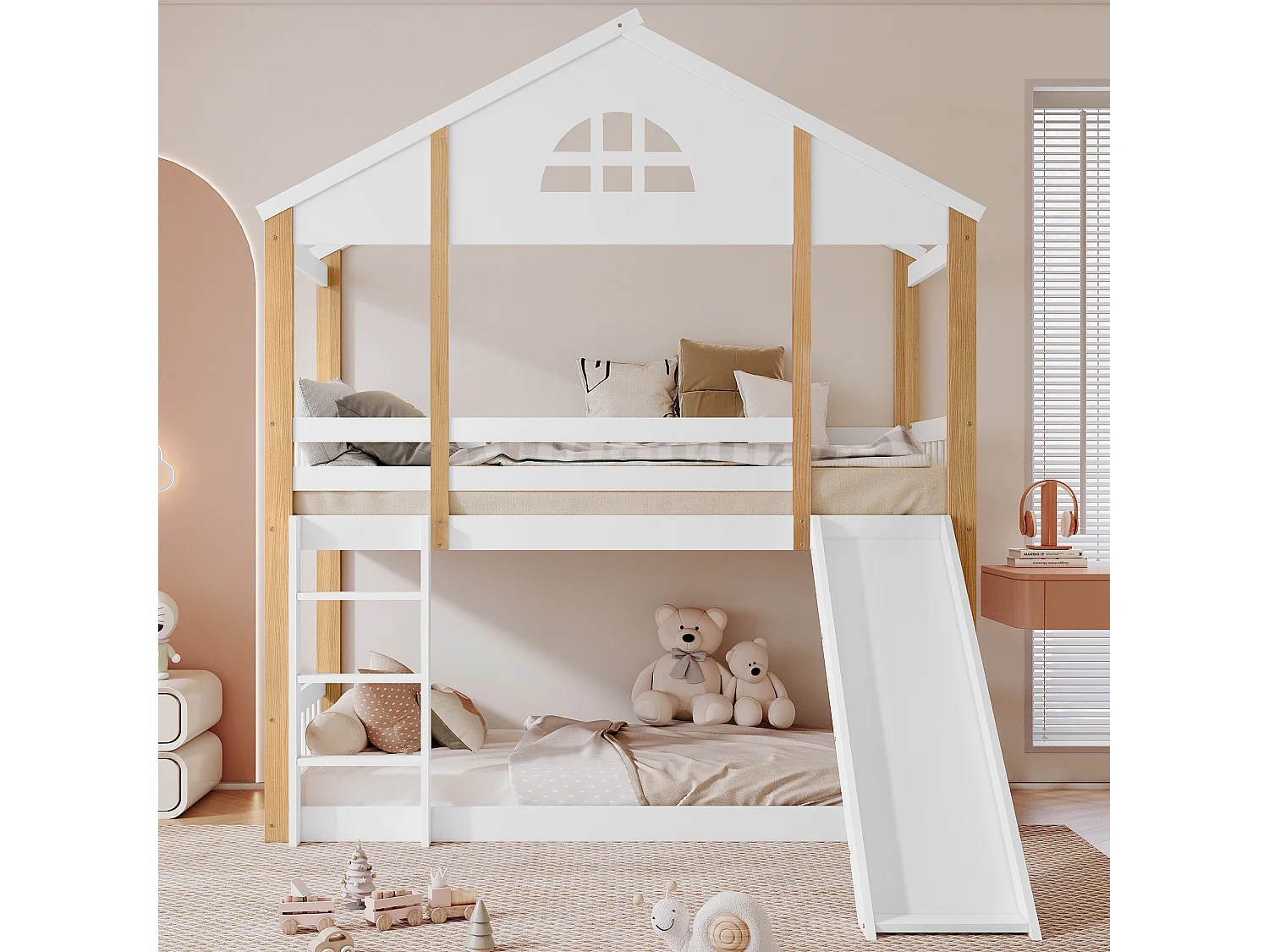Lit superposé cabane enfant 90x200cm avec toboggan, barrière et escalier, blanc et bois, sans matelas