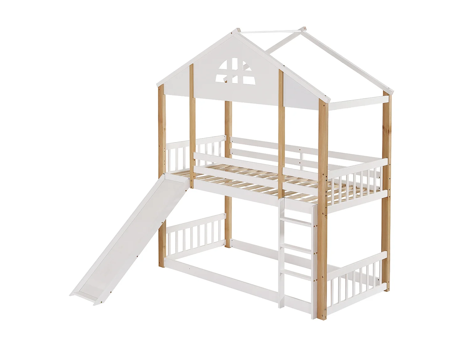 Lit superposé cabane enfant 90x200cm avec toboggan, barrière et escalier, blanc et bois, sans matelas