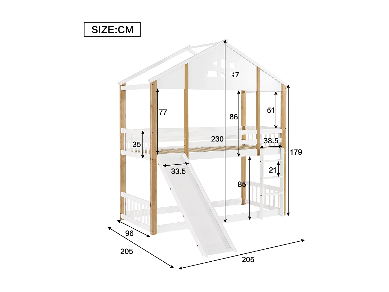 Lit superposé cabane enfant 90x200cm avec toboggan, barrière et escalier, blanc et bois, sans matelas
