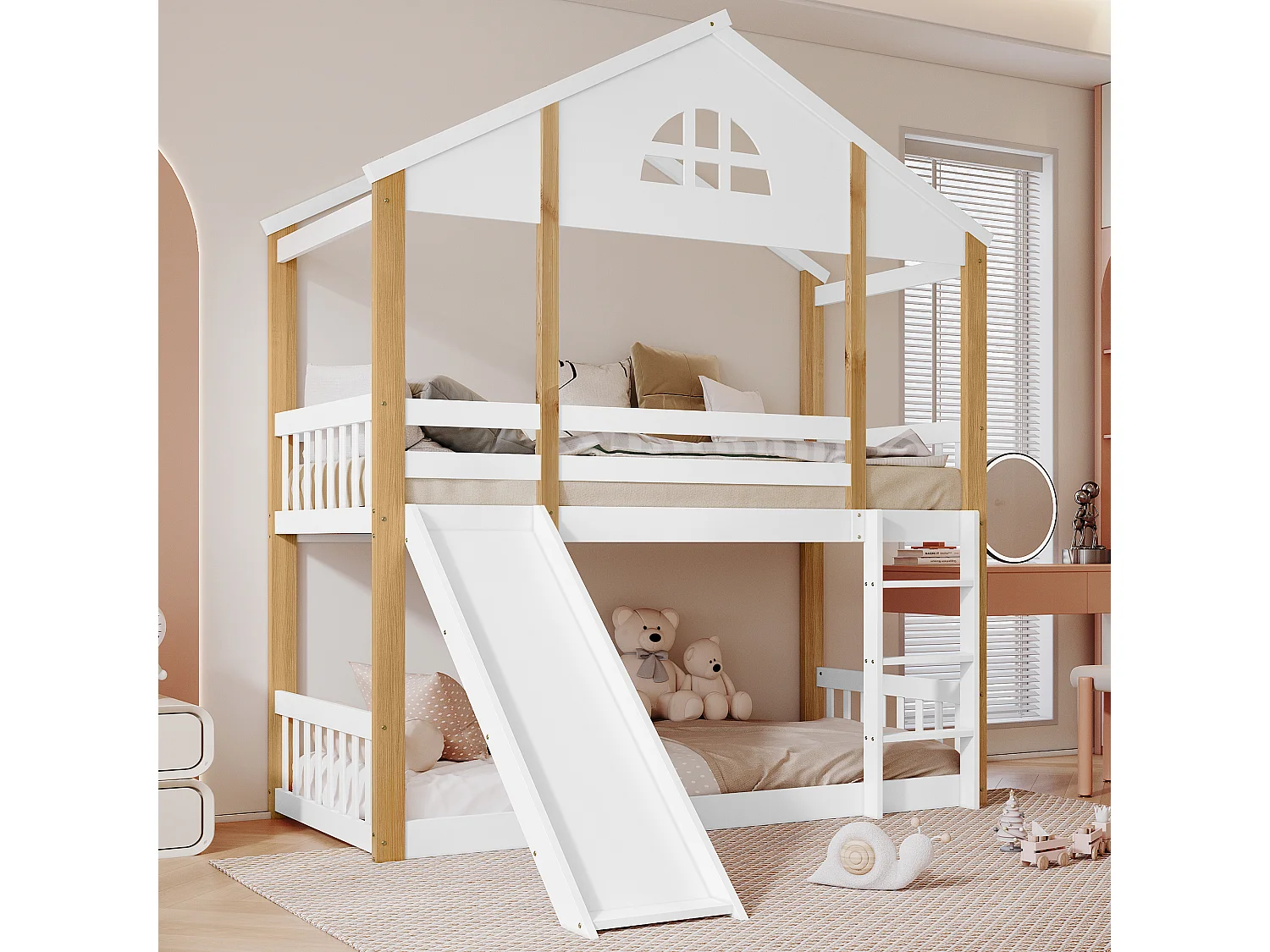 Lit superposé cabane enfant 90x200cm avec toboggan, barrière et escalier, blanc et bois, sans matelas