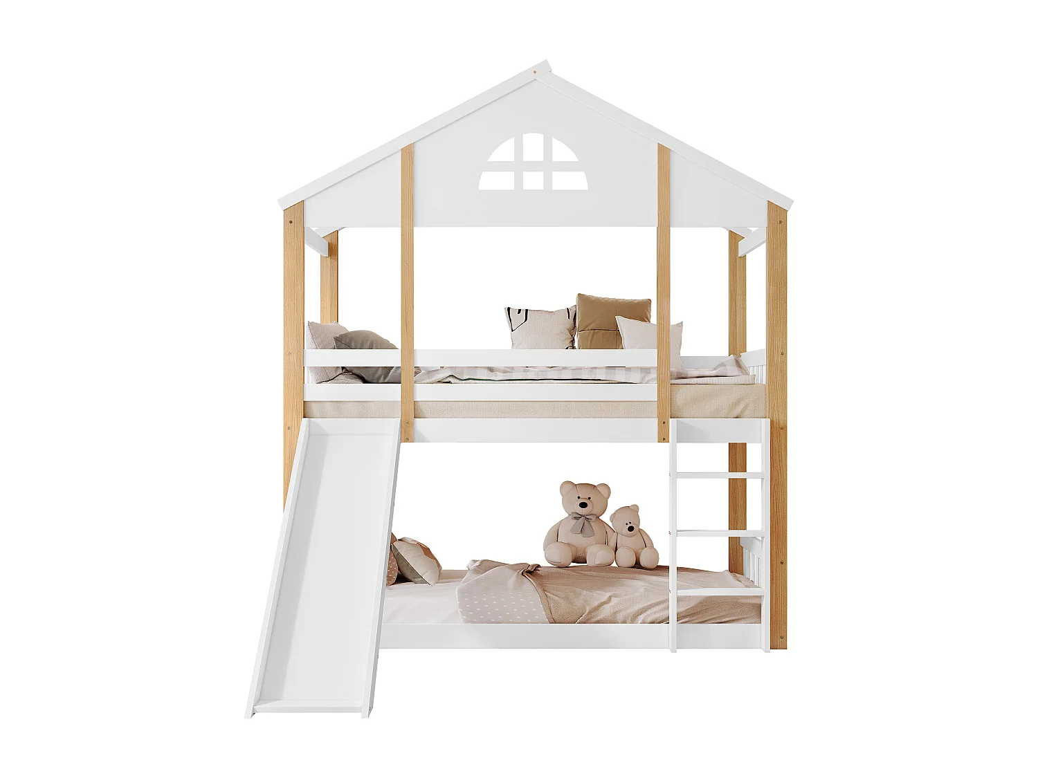 Lit superposé cabane enfant 90x200cm avec toboggan, barrière et escalier, blanc et bois, sans matelas