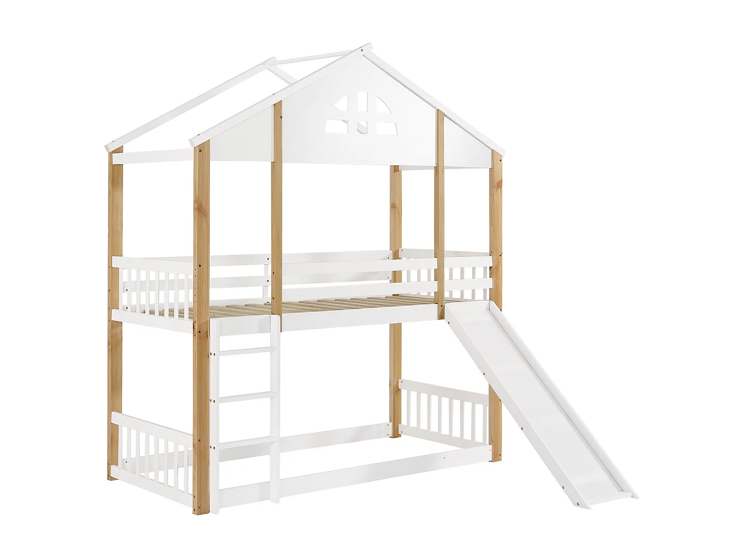 Lit superposé cabane enfant 90x200cm avec toboggan, barrière et escalier, blanc et bois, sans matelas
