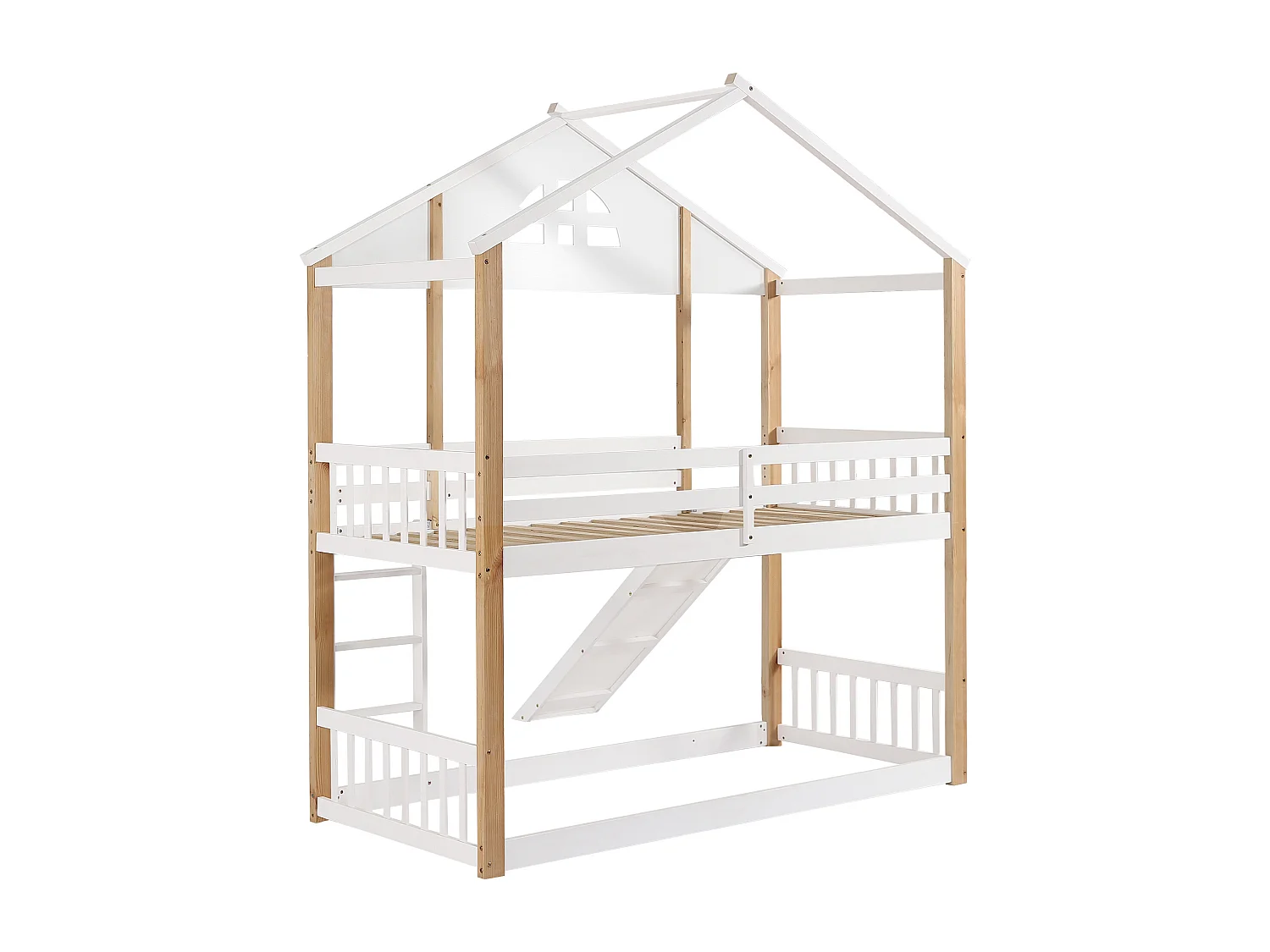 Lit superposé cabane enfant 90x200cm avec toboggan, barrière et escalier, blanc et bois, sans matelas