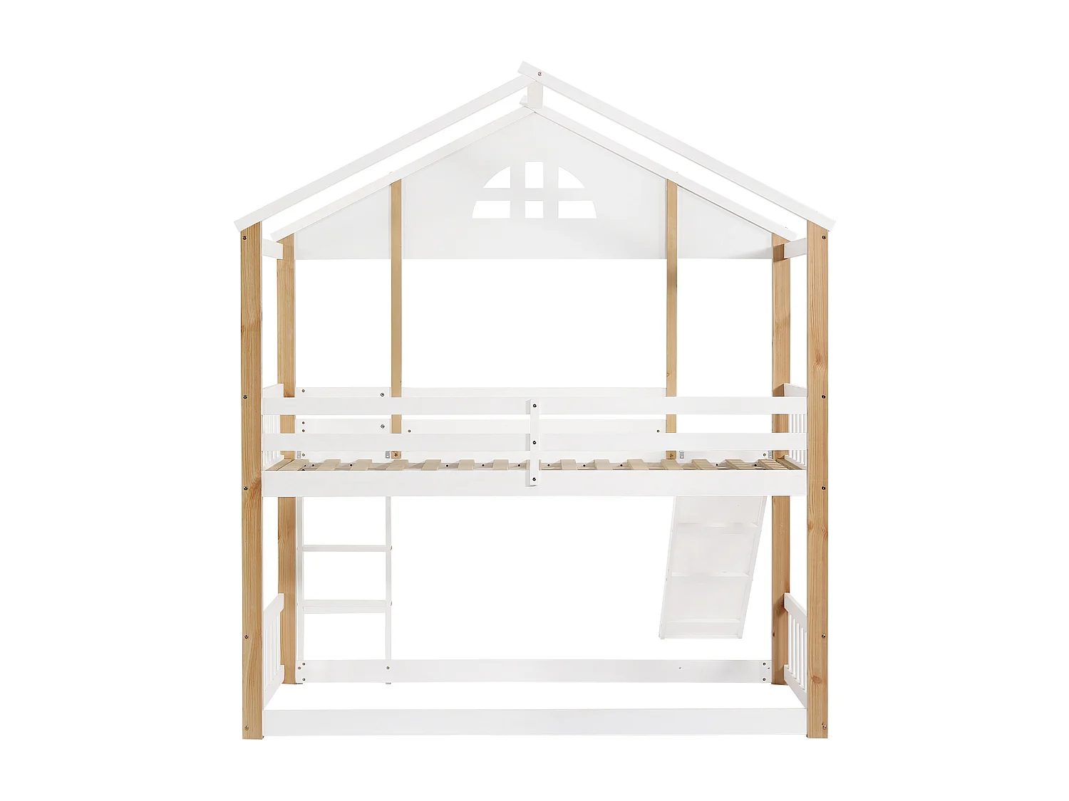 Lit superposé cabane enfant 90x200cm avec toboggan, barrière et escalier, blanc et bois, sans matelas