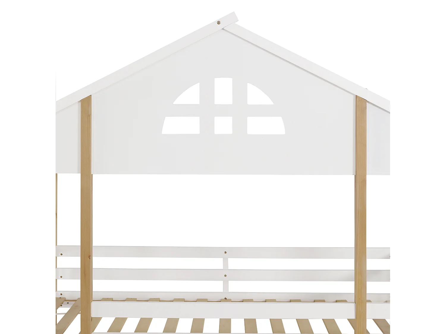 Lit superposé cabane enfant 90x200cm avec toboggan, barrière et escalier, blanc et bois, sans matelas