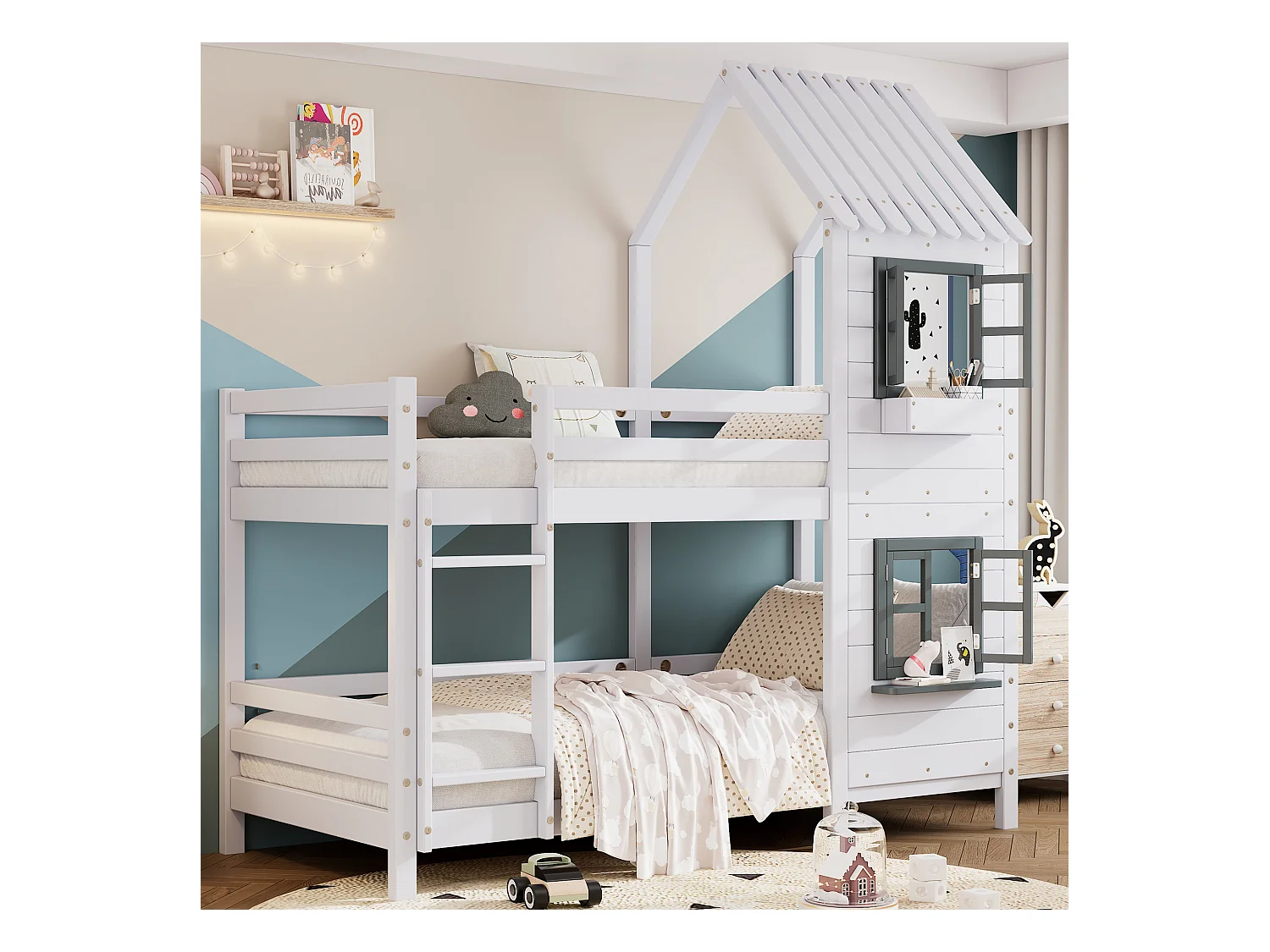 Lit superposé cabane enfant blanc 90x200cm avec escalier, fenêtres et garde-corps, matelas non inclus