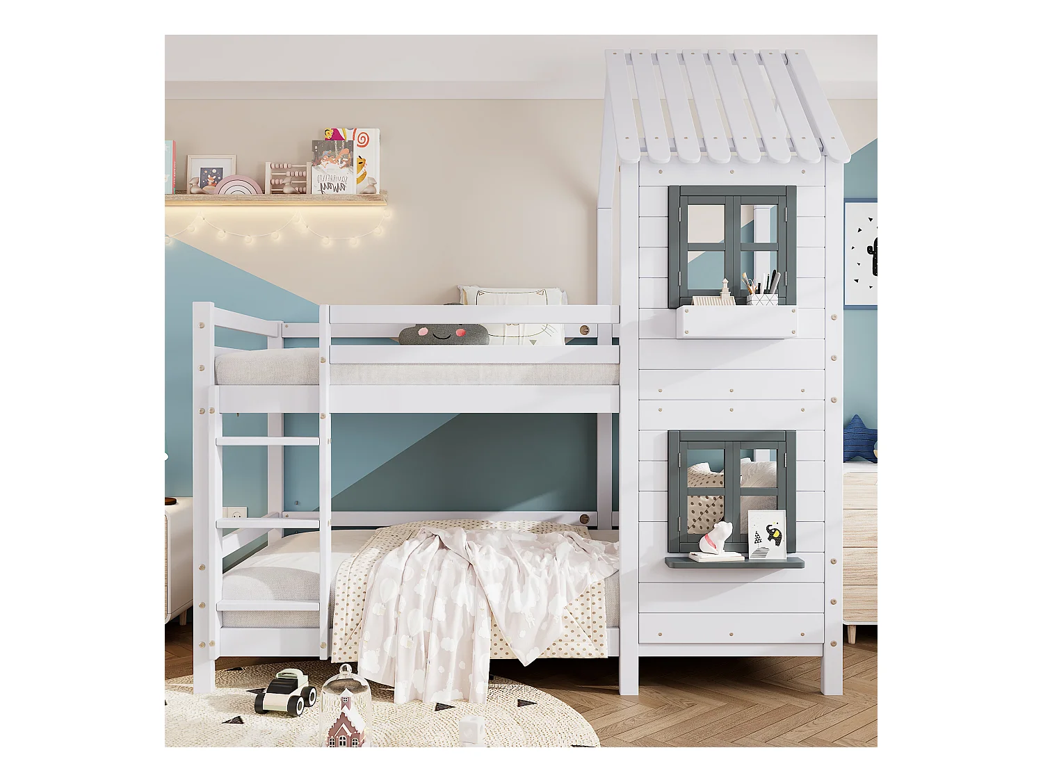 Lit superposé cabane enfant blanc 90x200cm avec escalier, fenêtres et garde-corps, matelas non inclus