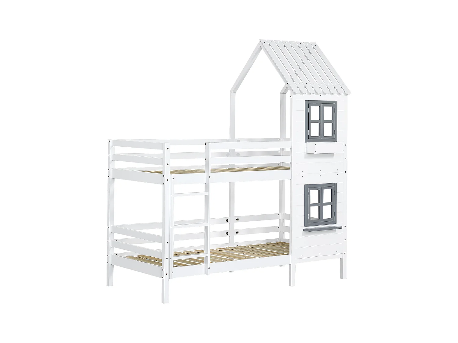 Lit superposé cabane enfant blanc 90x200cm avec escalier, fenêtres et garde-corps, matelas non inclus