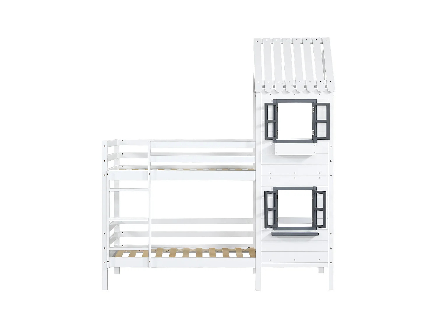 Lit superposé cabane enfant blanc 90x200cm avec escalier, fenêtres et garde-corps, matelas non inclus