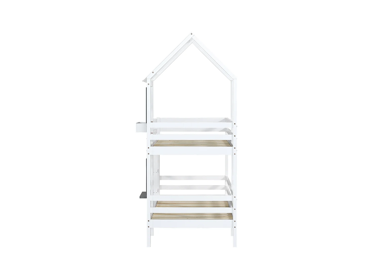 Lit superposé cabane enfant blanc 90x200cm avec escalier, fenêtres et garde-corps, matelas non inclus