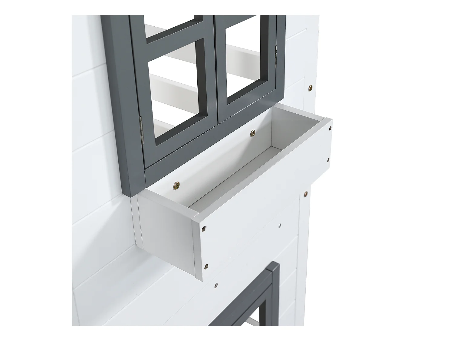 Lit superposé cabane enfant blanc 90x200cm avec escalier, fenêtres et garde-corps, matelas non inclus