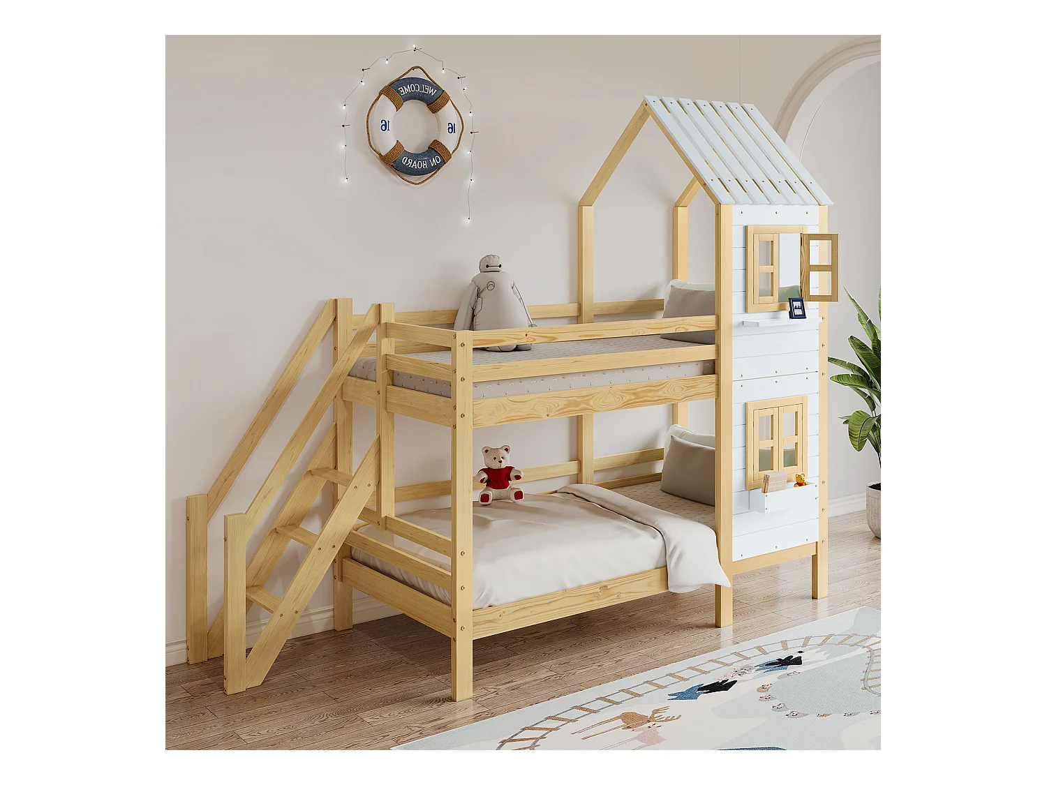 Lit superposé cabane enfant 90x20cm avec garde-corps et escalier,naturel clair et blanc, sans matelas