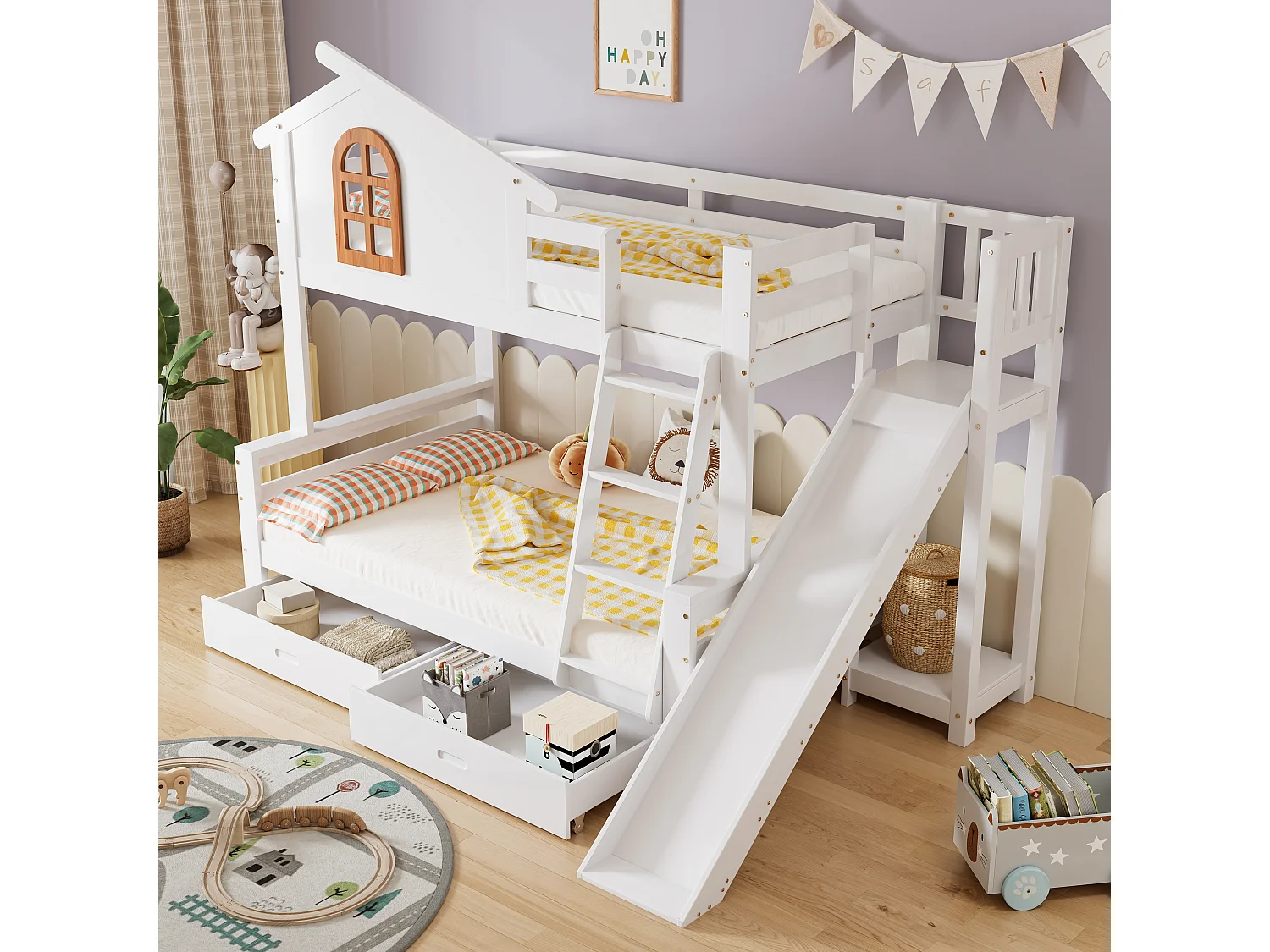 Beliche branco para criança 90x200cm e adulto 120x200cm com 2 gavetas, escorrega e escada, sem colchão