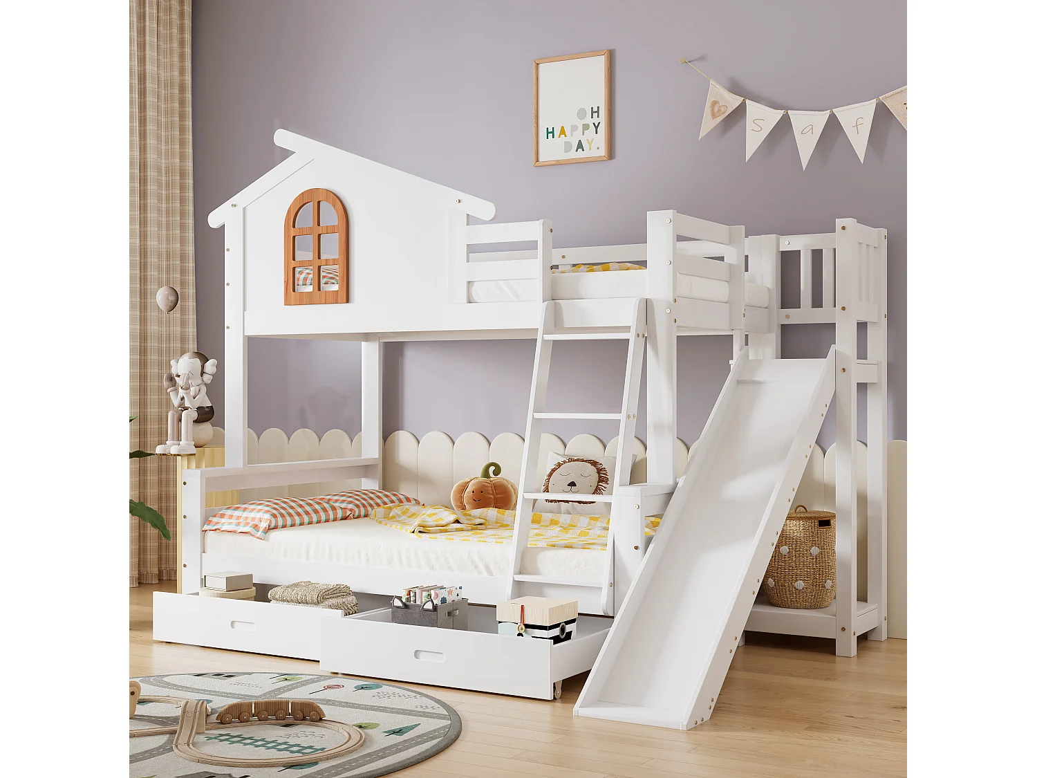 Beliche branco para criança 90x200cm e adulto 120x200cm com 2 gavetas, escorrega e escada, sem colchão