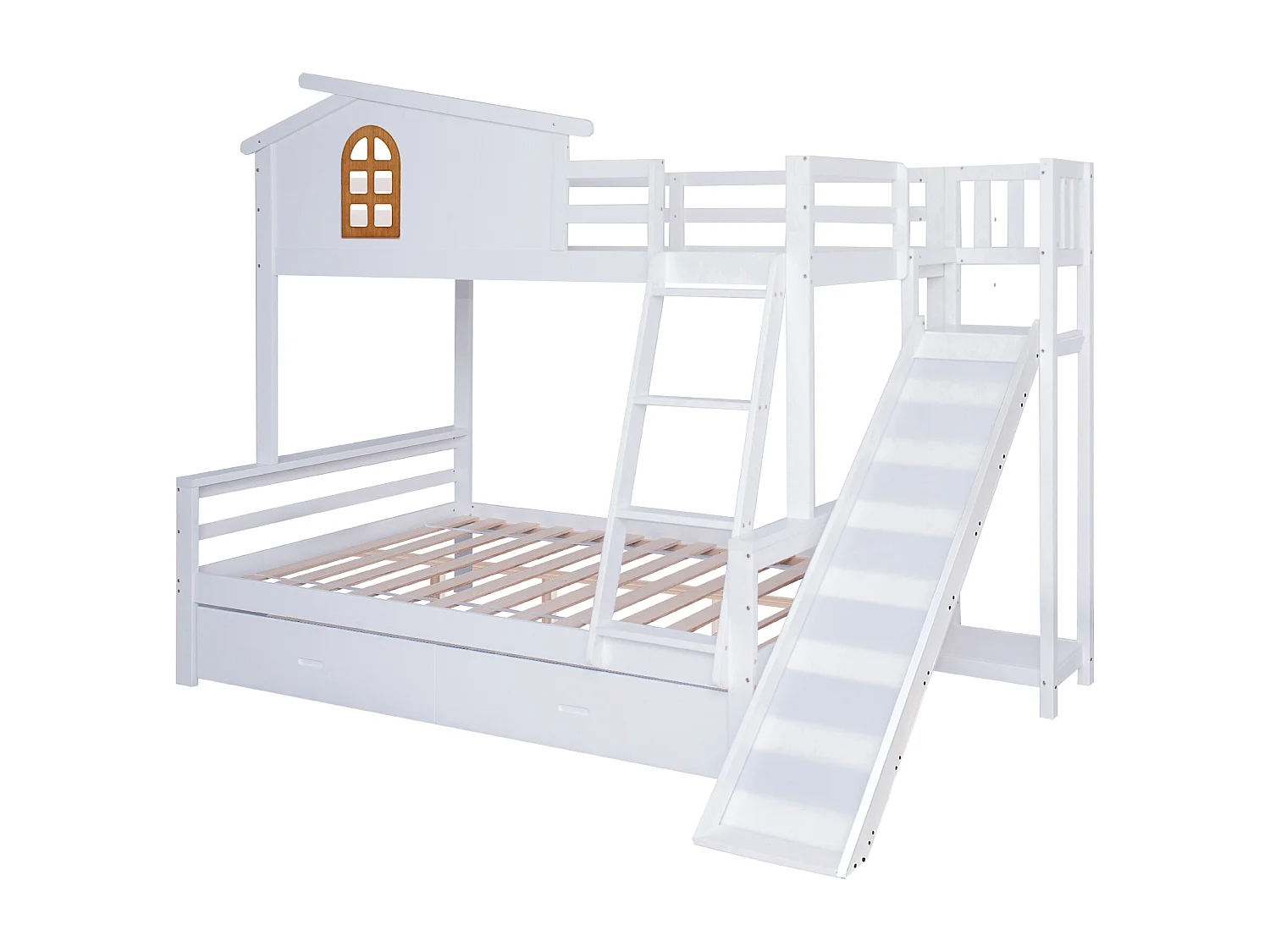 Beliche branco para criança 90x200cm e adulto 120x200cm com 2 gavetas, escorrega e escada, sem colchão