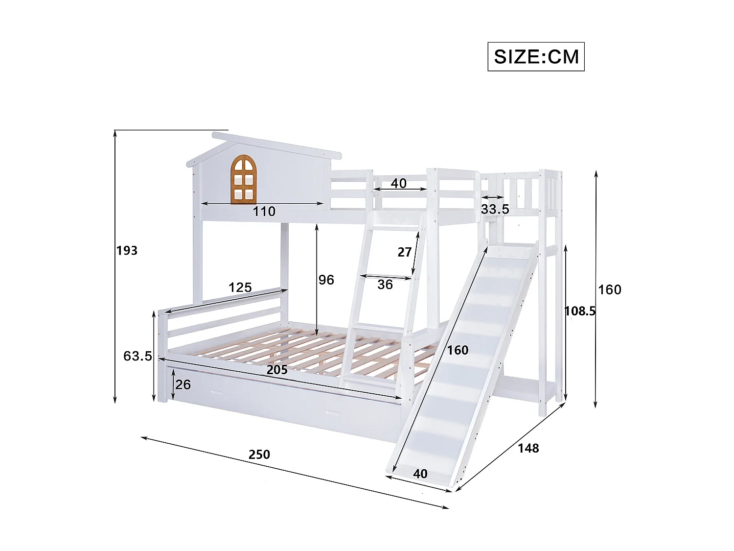 Beliche branco para criança 90x200cm e adulto 120x200cm com 2 gavetas, escorrega e escada, sem colchão