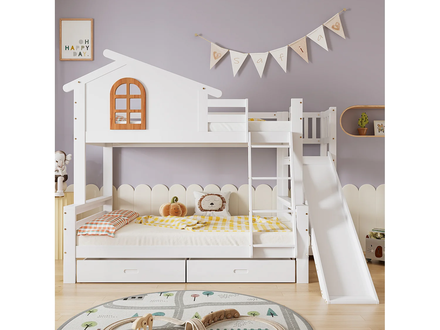 Beliche branco para criança 90x200cm e adulto 120x200cm com 2 gavetas, escorrega e escada, sem colchão