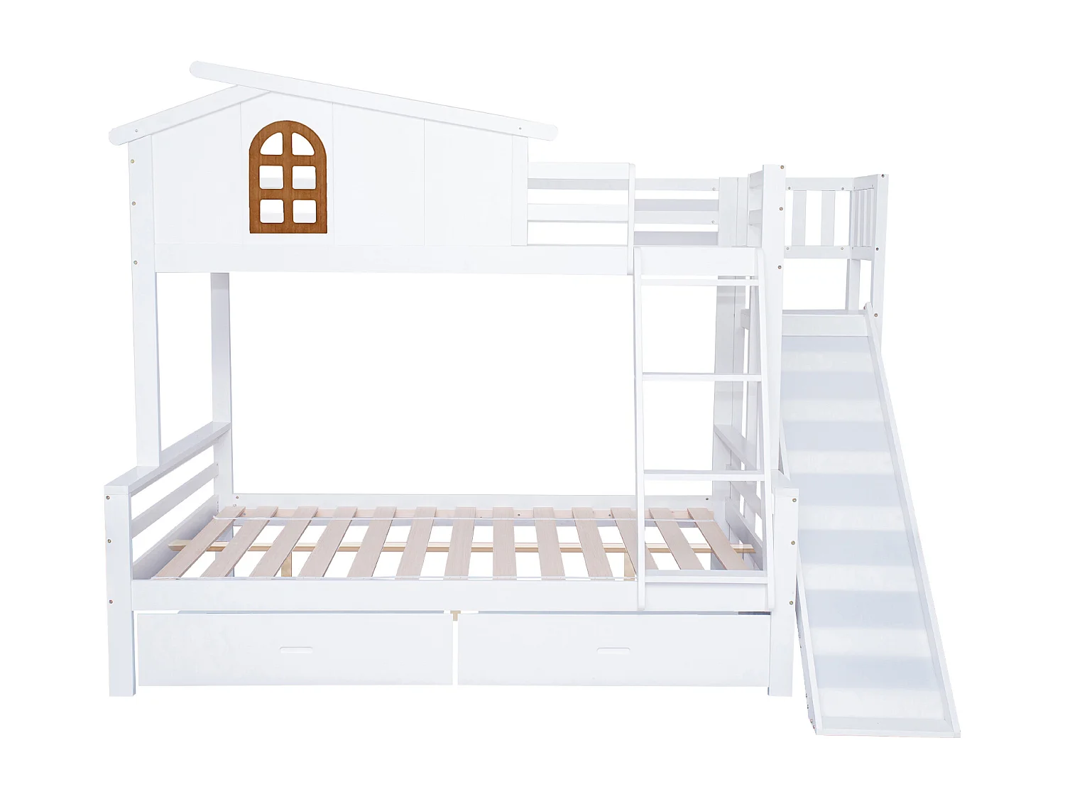 Beliche branco para criança 90x200cm e adulto 120x200cm com 2 gavetas, escorrega e escada, sem colchão