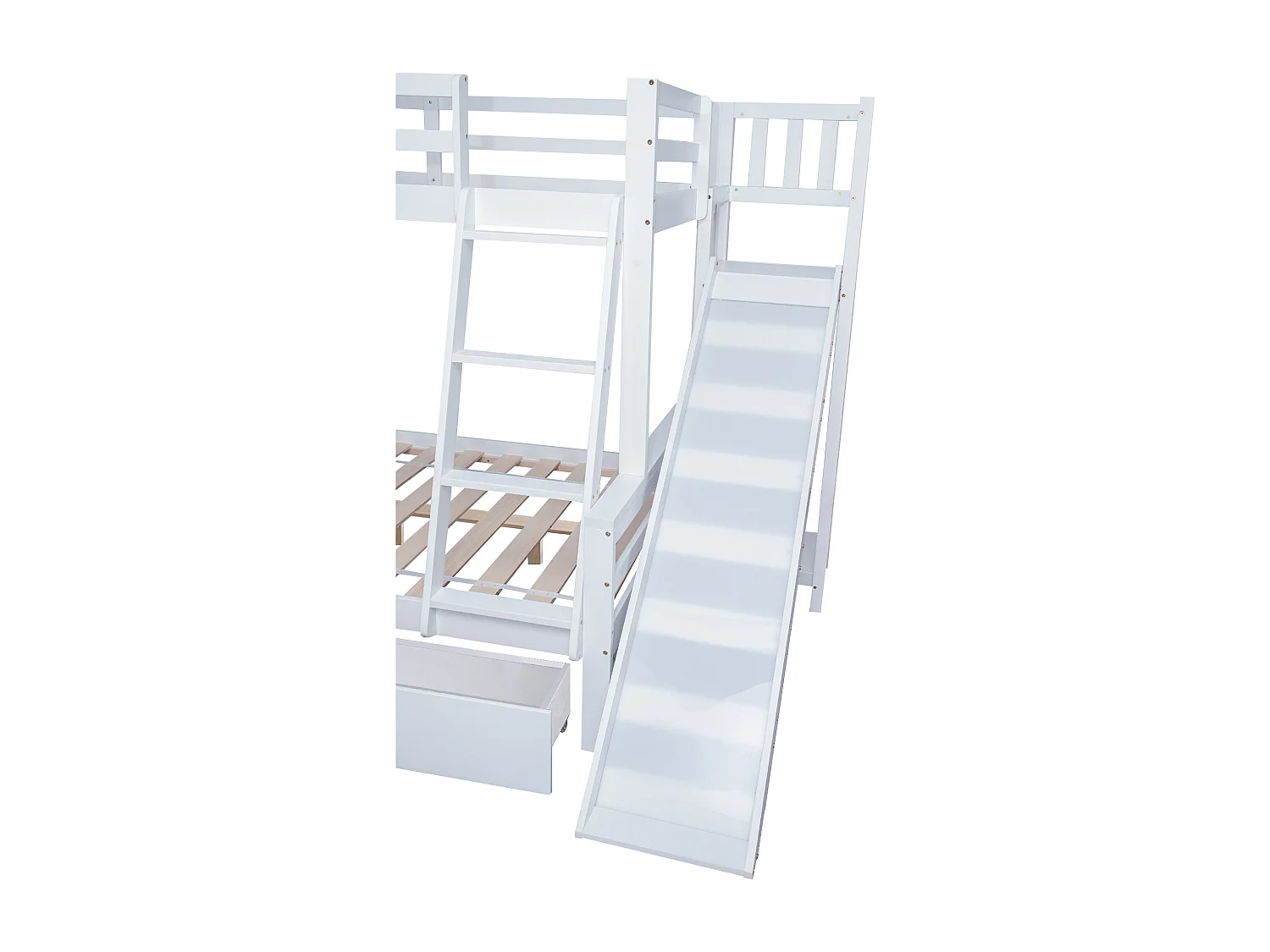 Beliche branco para criança 90x200cm e adulto 120x200cm com 2 gavetas, escorrega e escada, sem colchão