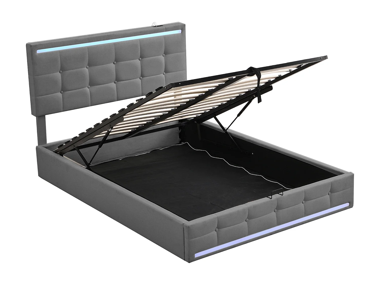 Cama de casal cinzenta com arrumação 140x200cm com LED e 2 portas USB, cabeceira regulável em altura, sem colchão