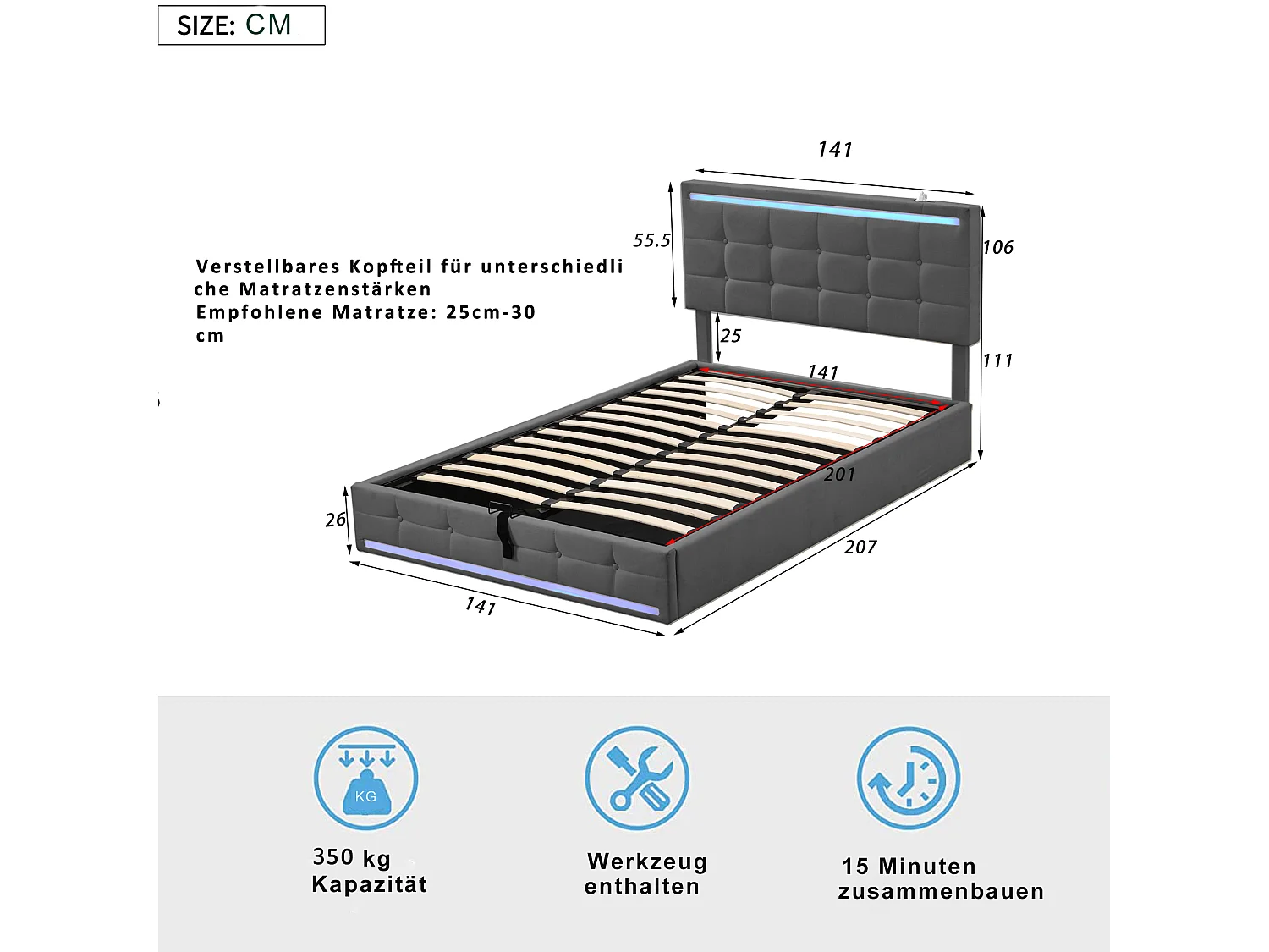 Cama de casal cinzenta com arrumação 140x200cm com LED e 2 portas USB, cabeceira regulável em altura, sem colchão