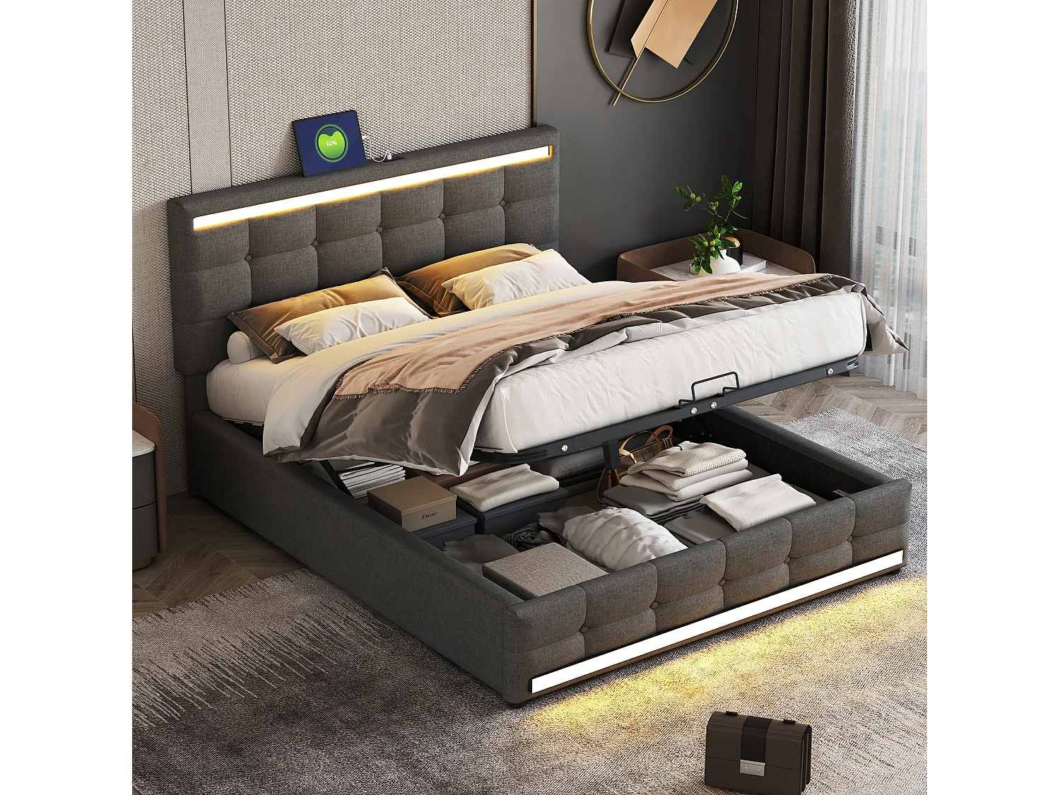 Cama de casal cinzenta com arrumação 140x200cm com LED e 2 portas USB, cabeceira regulável em altura, sem colchão