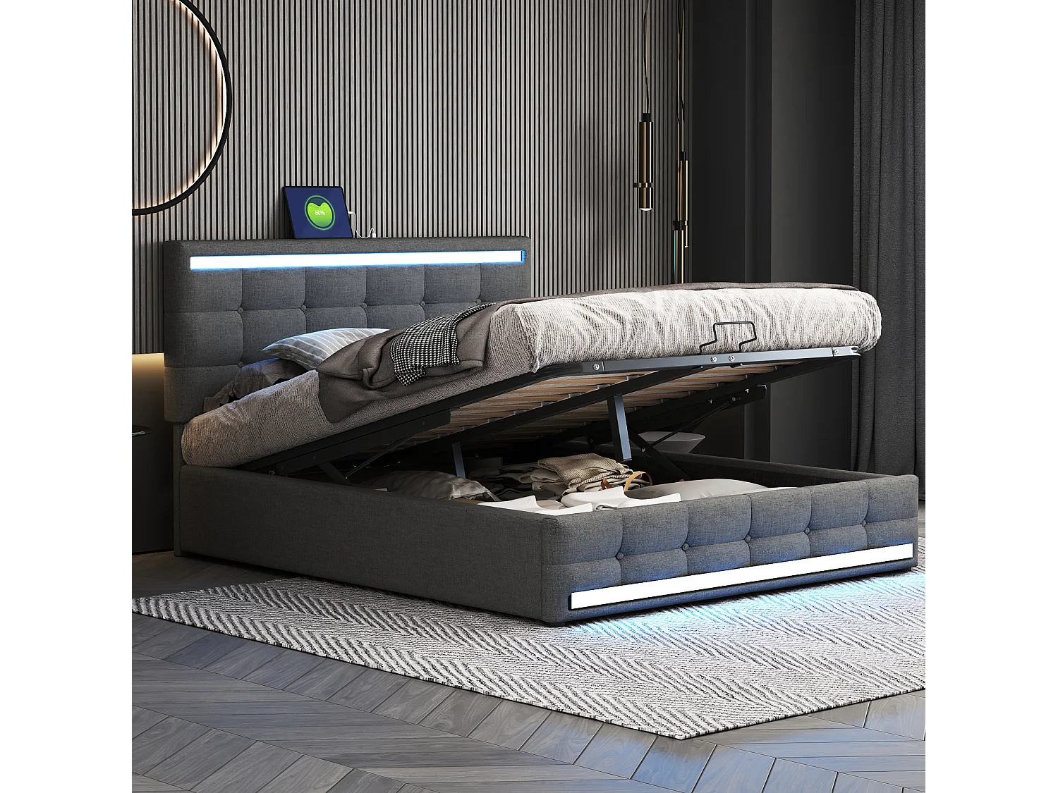 Cama de casal cinzenta com arrumação 140x200cm com LED e 2 portas USB, cabeceira regulável em altura, sem colchão